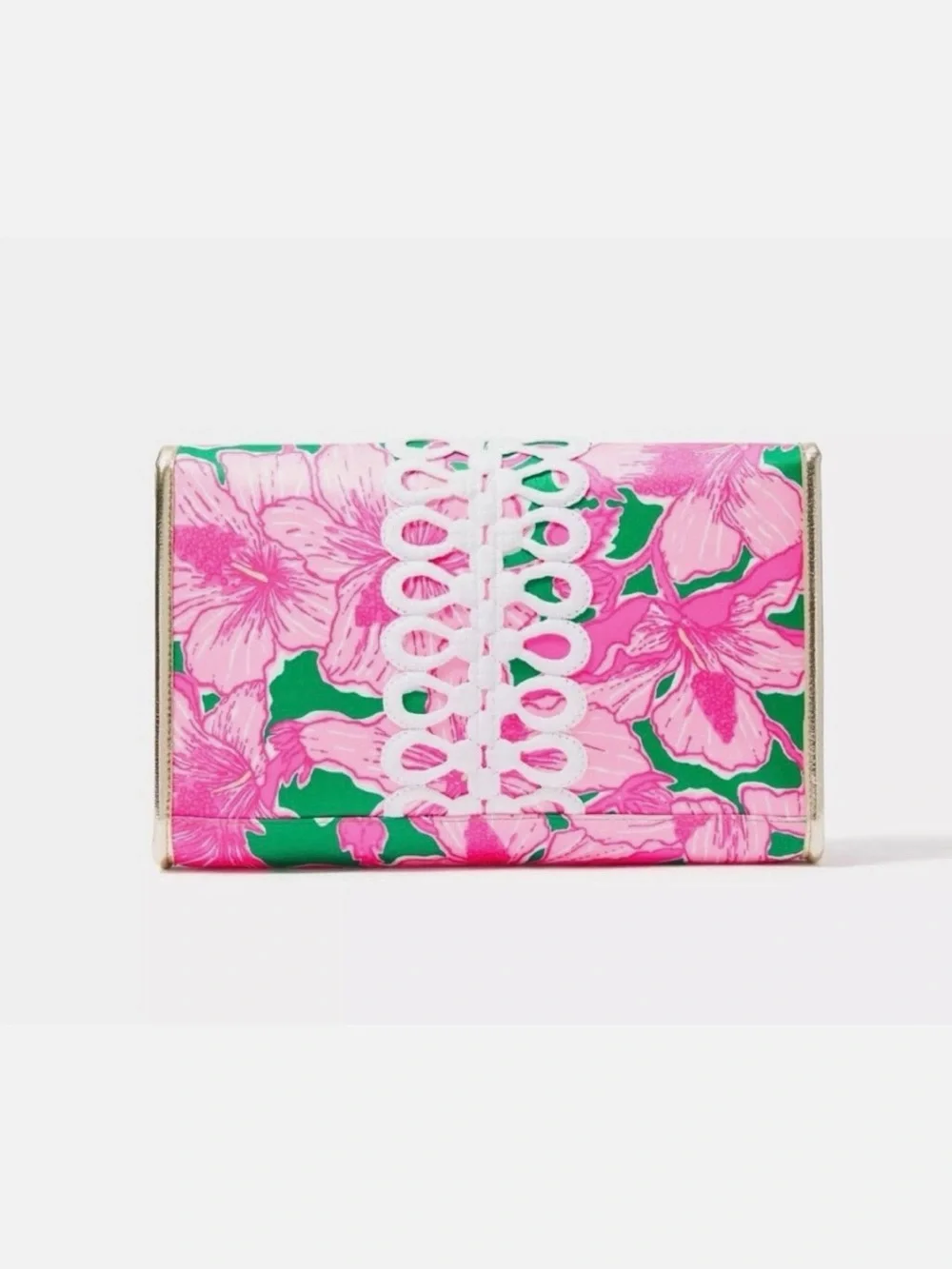 Lilly Pulitzer Envelope Pouch Clutch Kelly Green Hibis Kiss with Gold Trim